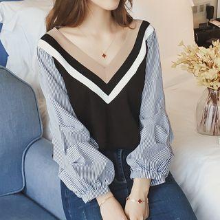 Color Block Striped Panel V-neck Blouse