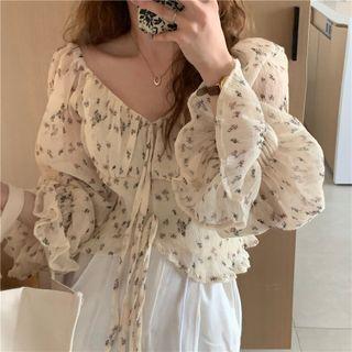 Puff Sleeve Floral Print Crinkled Blouse As Shown In Figure - One Size