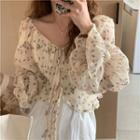 Puff Sleeve Floral Print Crinkled Blouse As Shown In Figure - One Size