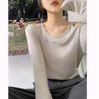 Long-sleeve Mock Two-piece Plain Top