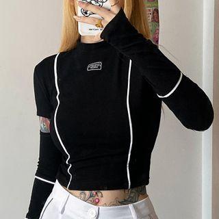 Long-sleeve Contrast Trim Cutout Crop Top