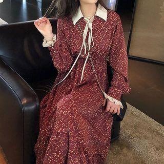 Floral Print Collared Long-sleeve A-line Midi Dress