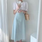 Puff Sleeve Plain Top / High Waist Cotton Linen A-line Skirt