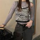 Off-shoulder Long-sleeve Tee / Zebra Pattern Knit Suspender