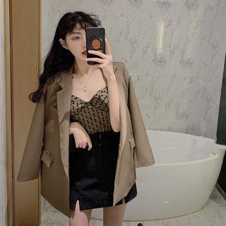 Spaghetti Strap Dotted Top / Double-breasted Blazer / Fitted Mini Skirt
