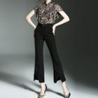 Set: Short-sleeve Floral Blouse + Cropped Wide Leg Pants