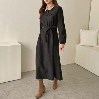Contrast-collar Pintuck-trim Long Dress With Sash