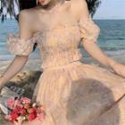 Set: Off-shoulder Floral Lace Blouse + Midi A-line Skirt