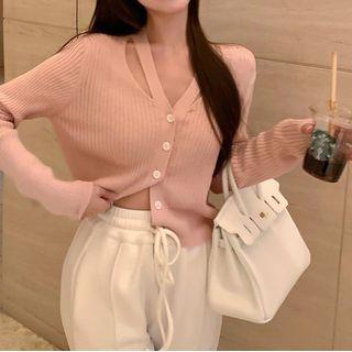 Long-sleeve V-neck Plain Perforated Knit Crop Top Pink - One Size