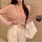 Long-sleeve V-neck Plain Perforated Knit Crop Top Pink - One Size