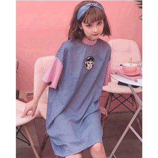 Plaid Elbow-sleeve T-shirt Dress