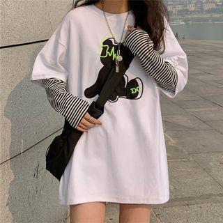 Long-sleeve Mock Two-piece Bear Embroidered T-shirt