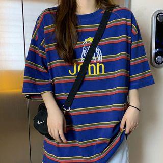 Elbow-sleeve Striped T-shirt Stripe - One Size