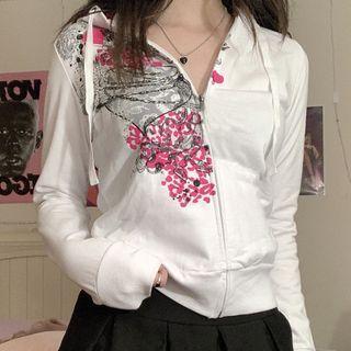 Zip Up Printed Long Sleeve Hoodie