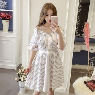 Striped Off Shoulder Elbow-sleeve A-line Dress