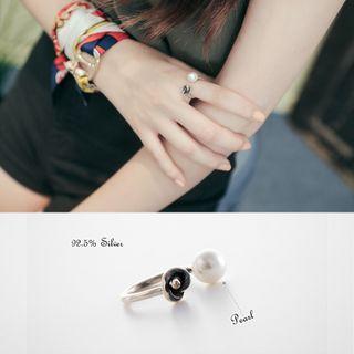 925 Sterling Silver Flower Faux Pearl Open Ring Faux Pearl - Black & Silver - One Size