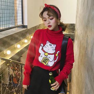 Turtleneck Cat Printed Sweater