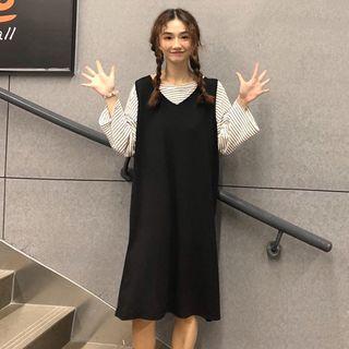 Striped Long-sleeve T-shirt / V-neck Pinafore Dress