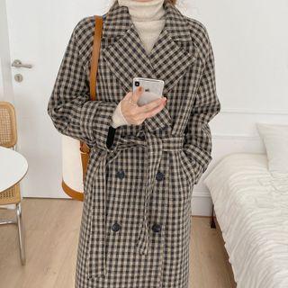 Plaid Double-breasted Fleece Long Coat