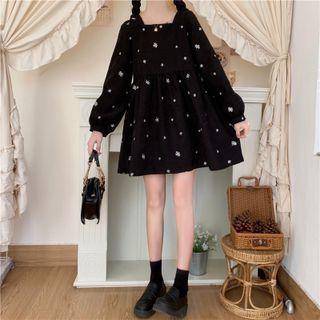 Long-sleeve Floral Print A-line Dress Black - One Size