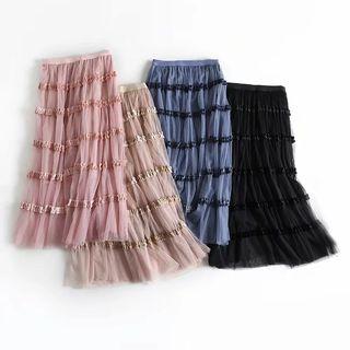 Velvet Panel Midi A-line Mesh Skirt