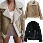 Oversized Fleece Collar Aviator Zip Jacket With Waist String