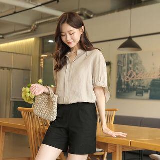 Mandarin-collar Ruffle-cuff Linen Blouse