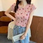Short-sleeve Perforated Floral Print Slim-fit Cropped Top