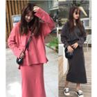 Set: Hooded Long-sleeve T-shirt + Back Slit Midi Skirt