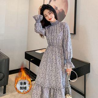 Long-sleeve Mock-neck Floral Fleece-lined Midi A-line Dress