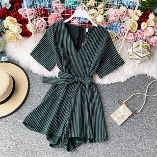 Tie-waist V-neck Pinstripe Short-sleeve Playsuit