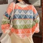 Long-sleeve Round Neck Contrast Argyle Sweater