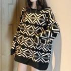 Patterned Oversize Sweater Rhombus - Black & White - One Size