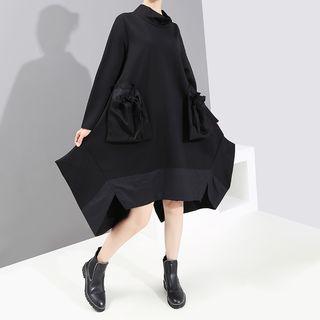 Irregular Hem Long-sleeve Midi Dress Black - One Size