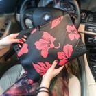 Faux Leather Floral Clutch Red Floral - Black - One Size