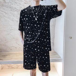 Set: Star Print Elbow-sleeve Velvet Top + Shorts
