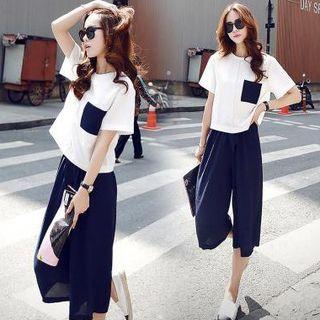 Set: Short-sleeve Pocket T-shirt + Capri Wide-leg Pants