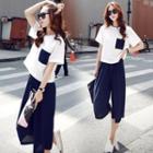 Set: Short-sleeve Pocket T-shirt + Capri Wide-leg Pants