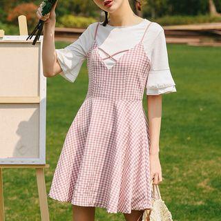 Gingham Lattice Spaghetti Strap / Short-sleeve T-shirt Set