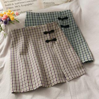 Frog-button Checker Pencil Skirt