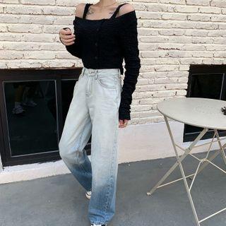 Gradient Wide-leg Jeans / Set: Plain Cardigan + Crop Top