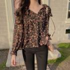 Frilled Floral Chiffon Blouse Black - One Size