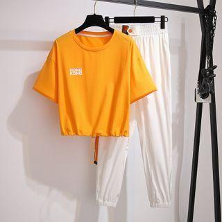Set: Lettering Drawstring Short-sleeve T-shirt + Cropped Harem Pants