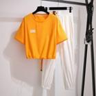 Set: Lettering Drawstring Short-sleeve T-shirt + Cropped Harem Pants