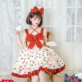 Sleeveless Bow Accent Heart Print A-line Dress