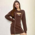 Set: Cropped Sweatshirt + Spaghetti Strap Lettering Patch Mini Sheath Dress