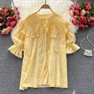 Large Lapel Floral Elbow-sleeve Top