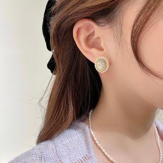 Moon & Star Cat Eye Stone Disc Earring 1 Pair - Gold & White - One Size