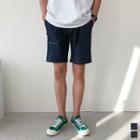 Buckled-waist Stitched Denim Shorts