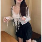 Long Sleeve Lace-up Cardigan / Lace Camisole Top / Pleated A-line Skirt
